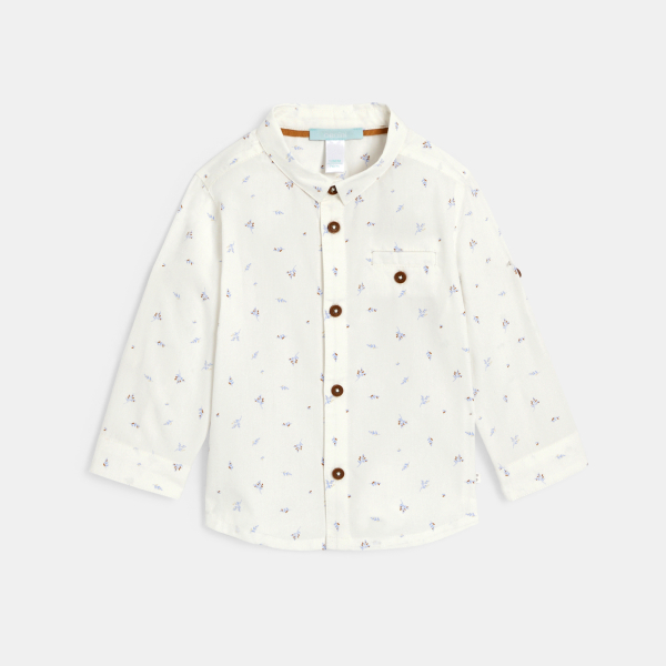 قميص برسوم وأكمام طويلة قابلة للطي باللون الأبيض للأولاد الصغار